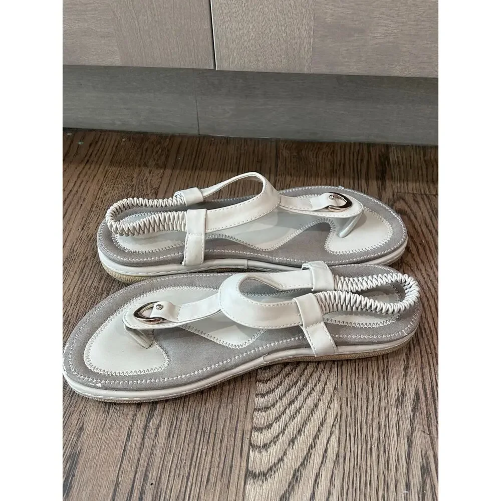 SOCOFY Bohemian T Strap Thong Sandals Beige Ankle Elastic Women Sz EU 40 US 9